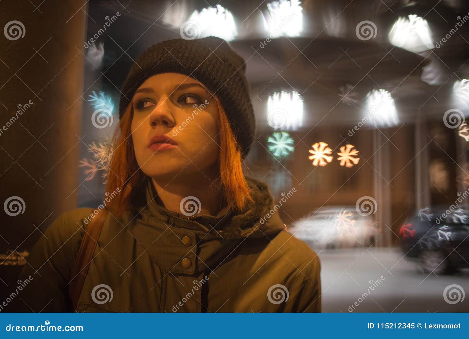 Young Beautiful Girl Catches a Taxi in the City Street at Night Stock ...