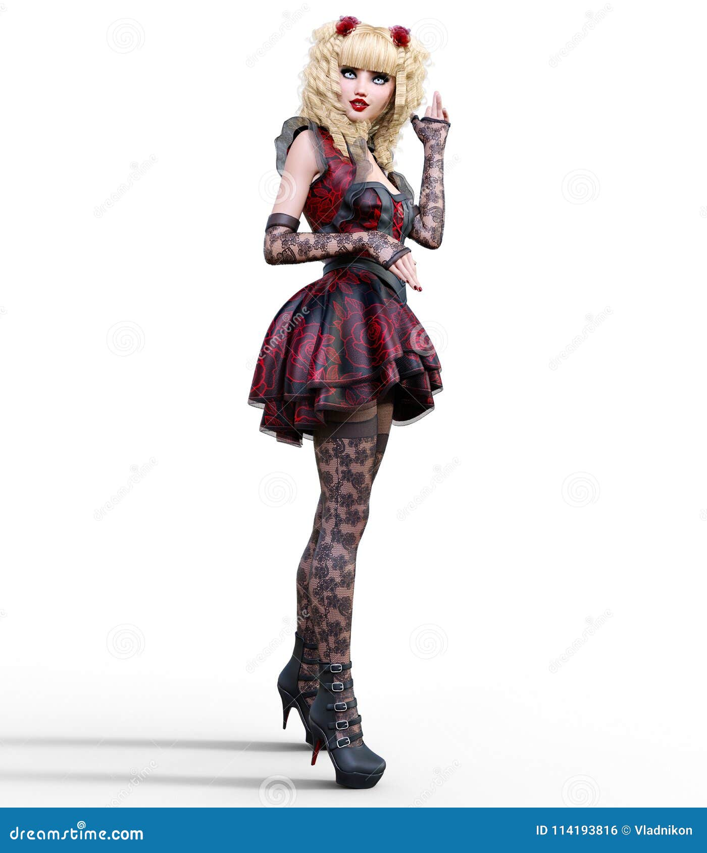 Young beautiful girl with doll face posing photo shoot short dark red dress stockings shoes long blonde hair bright goth make up