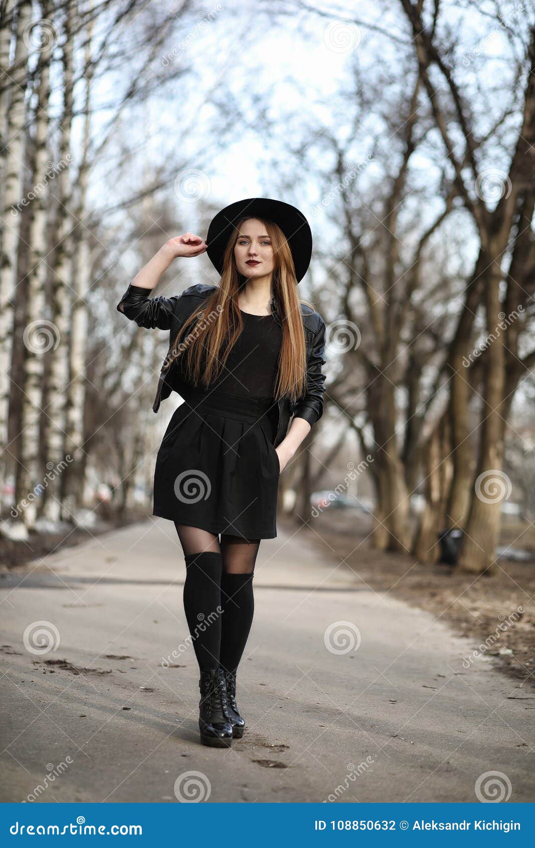 Young Beautiful Girl in a Hat and with a Dark Make-up Outside. G Stock ...