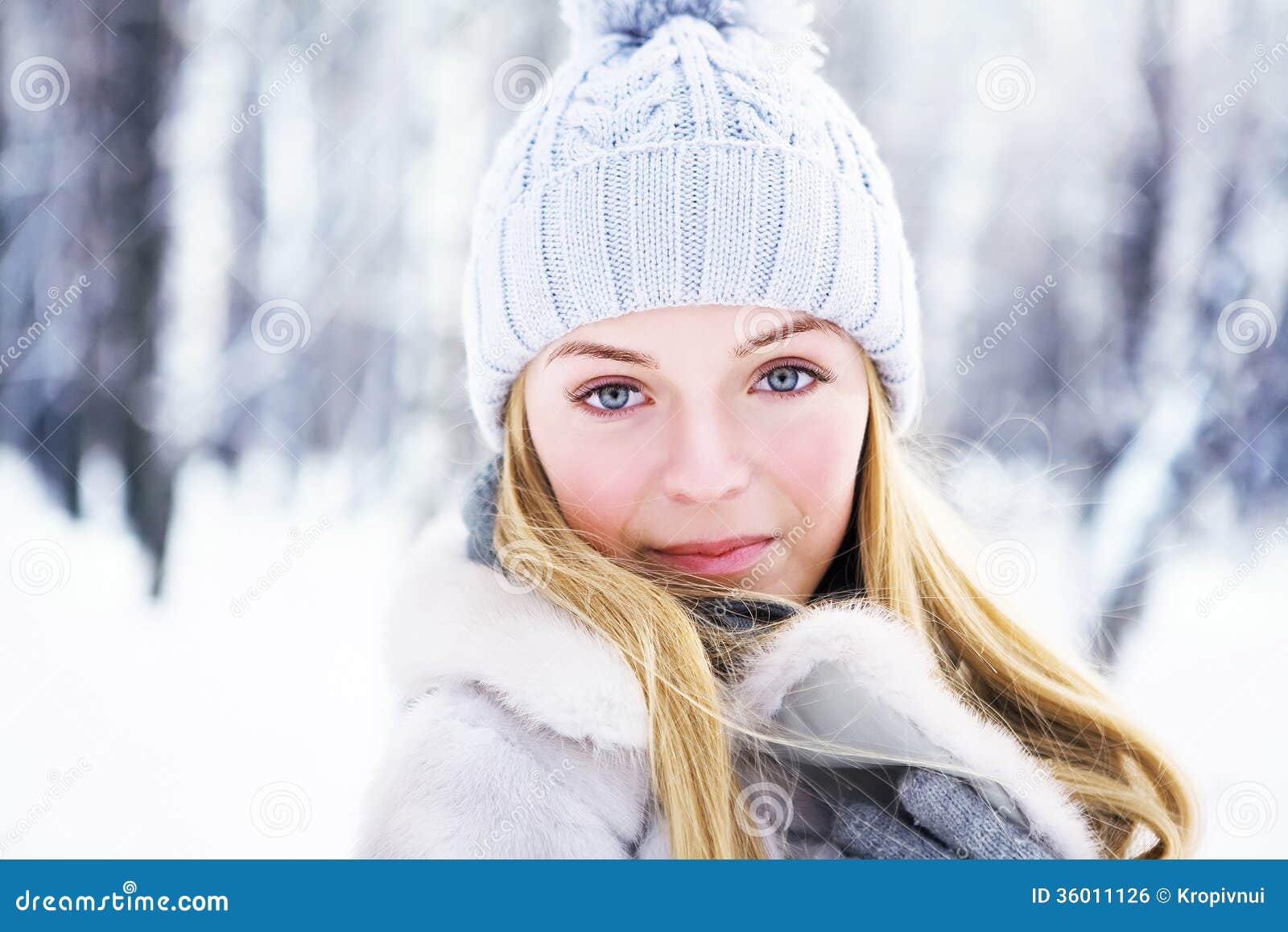 The Young, Beautiful Girl, is Photographed in the Cold Winter in Park ...