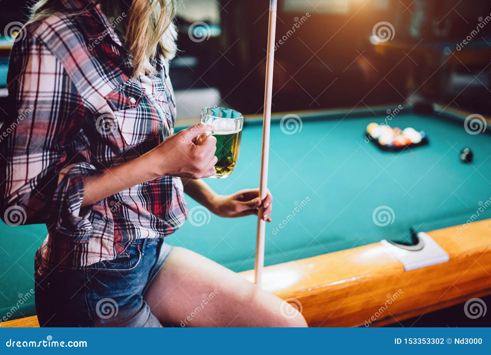 Young Beautiful Girl Is Playing Billiards Pleasant Pastime Rest