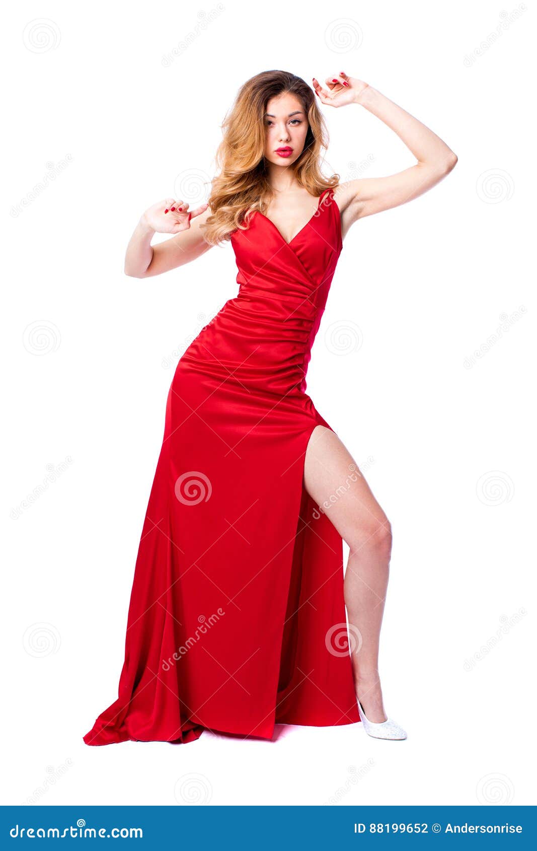 Young Beautiful Happy Blonde Woman in Red Dress Stock Photo - Image of ...