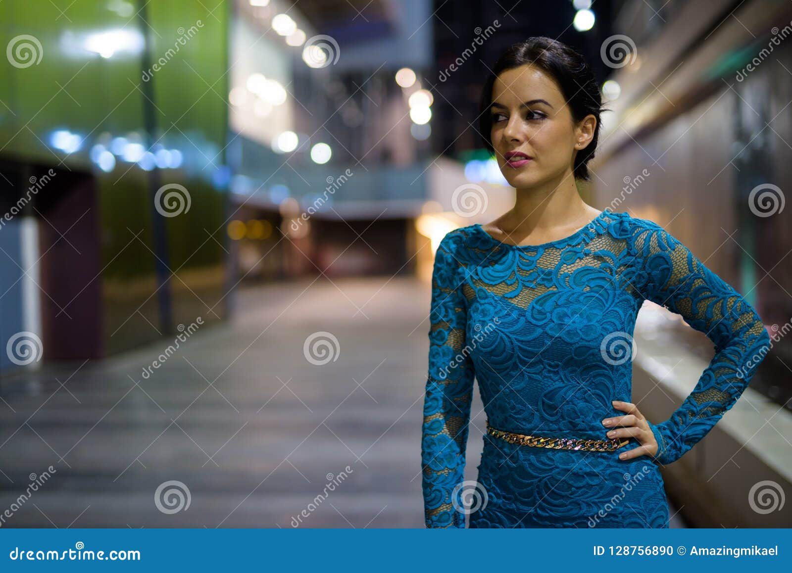 Young Beautiful Hispanic Woman Exploring the City Streets at Nig Stock ...