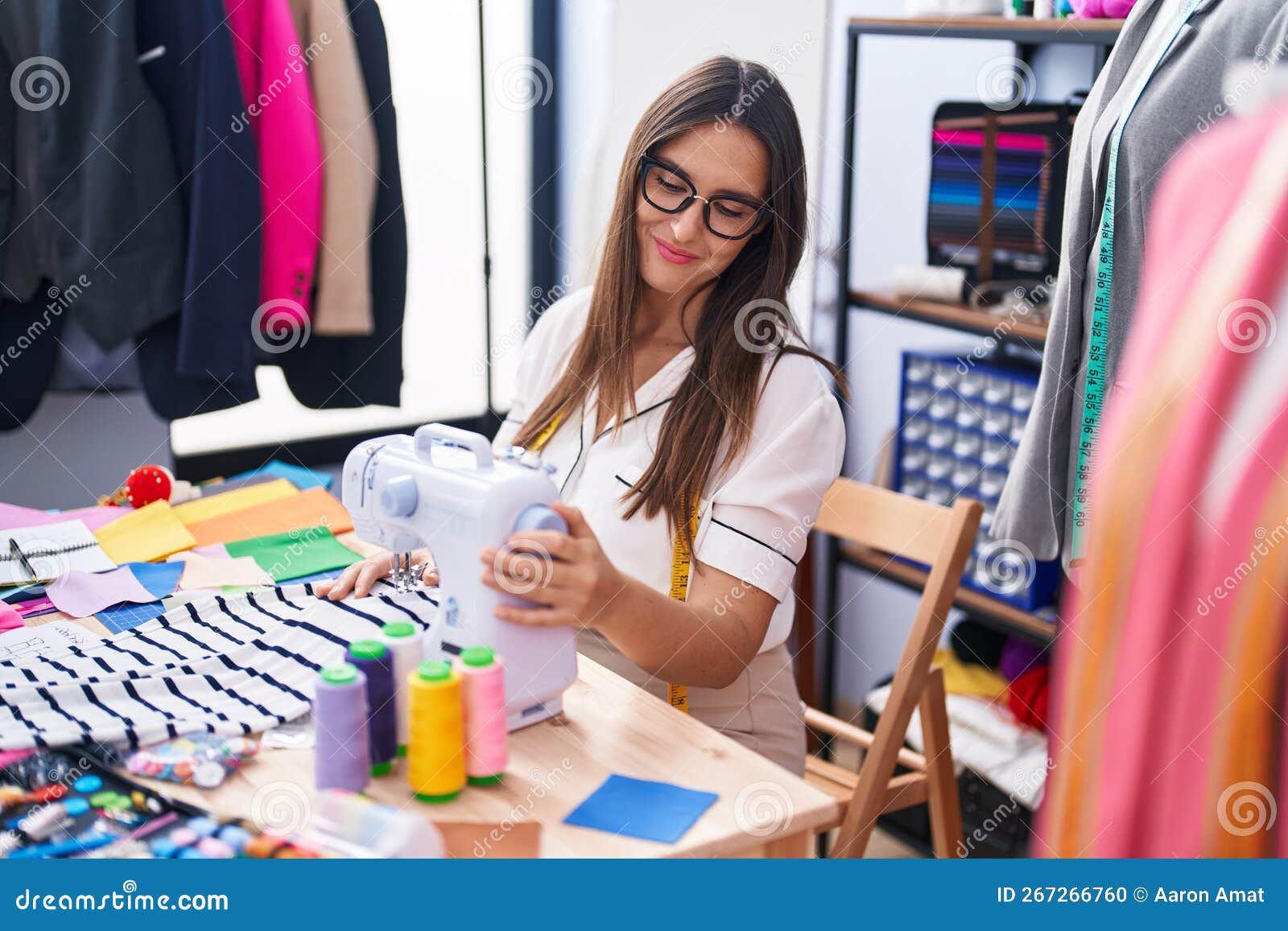 Young Beautiful Hispanic Woman Tailor Smiling Confident Using Sewing ...