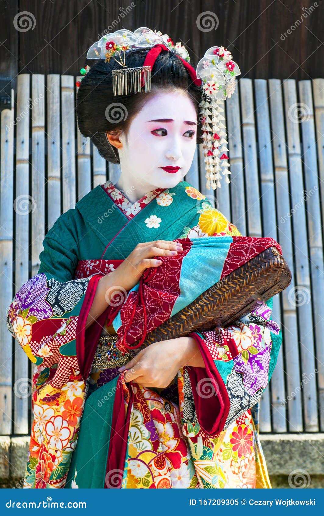Beautiful Japanese Girl In Traditional Kimono Posing In Nagamachi Samurai District Kanazawa