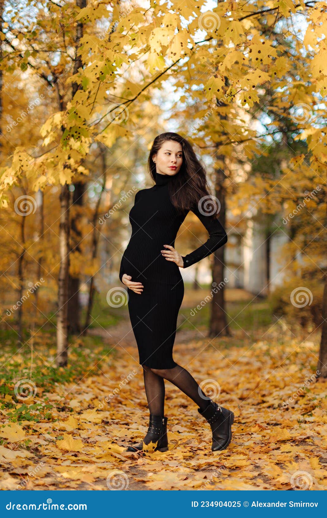 Young Beautiful Pregnant Woman with Dark Hair in a Black Tight Dress ...