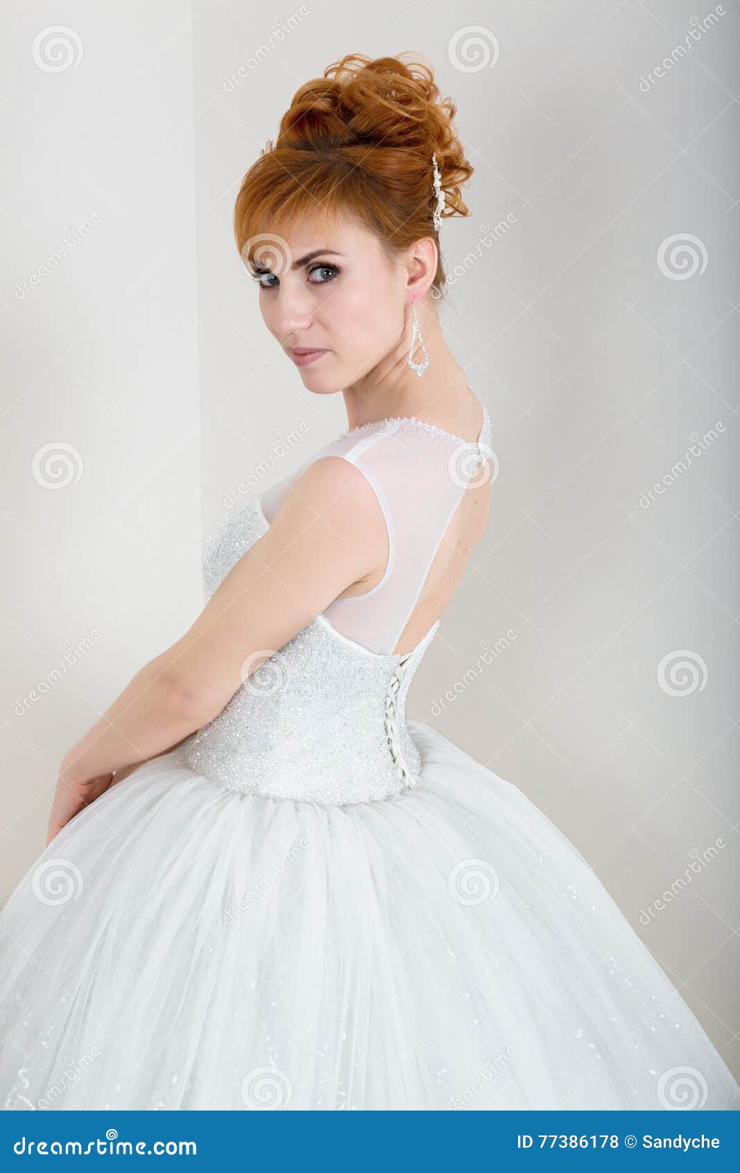 Young and Beautiful Redhead Bride Dressed Wedding Dress Posing in ...