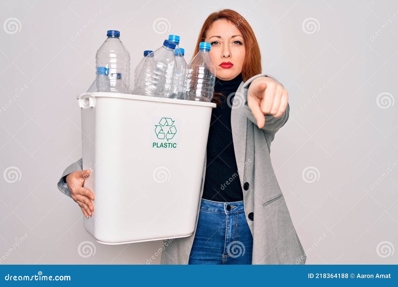 Young Beautiful Redhead Woman Recycling Holding Trash Can with Plastic ...