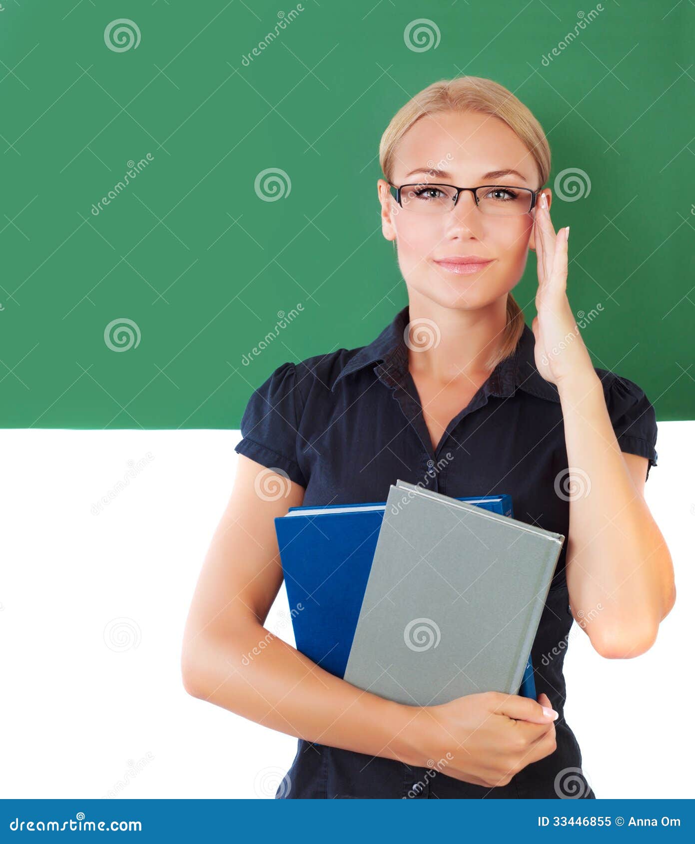 young beautiful teacher closeup portrait smart student girl near green chalkboard university educator school 33446855