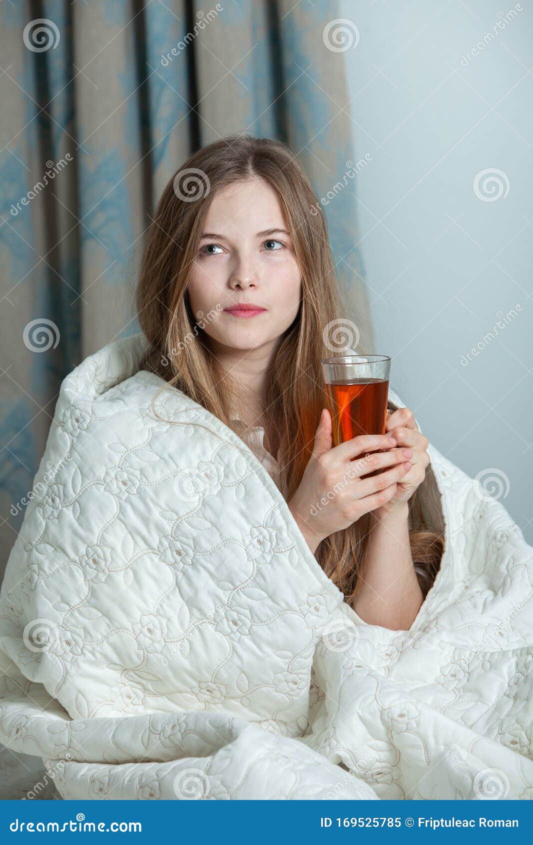 Young Beautiful White Woman Awaking in Light Room. Stock Image - Image ...