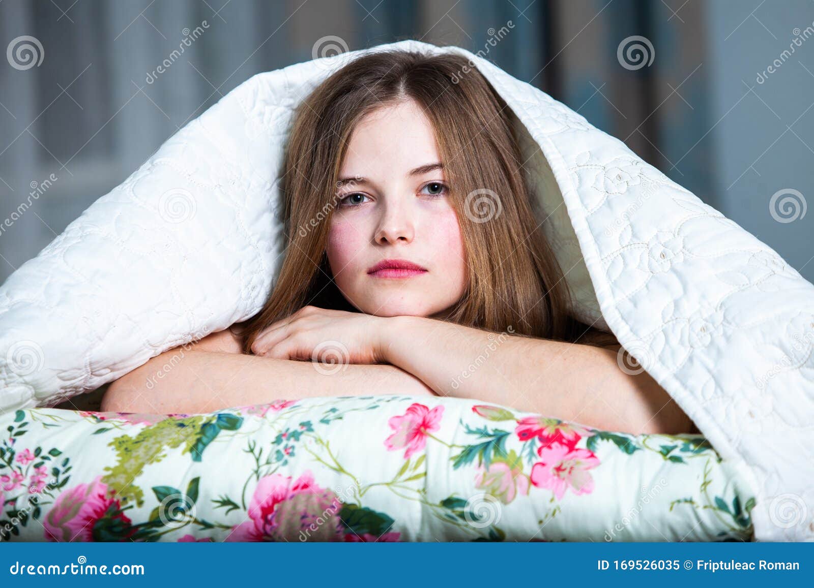 Young Beautiful White Woman Awaking in Light Room. Stock Image - Image ...