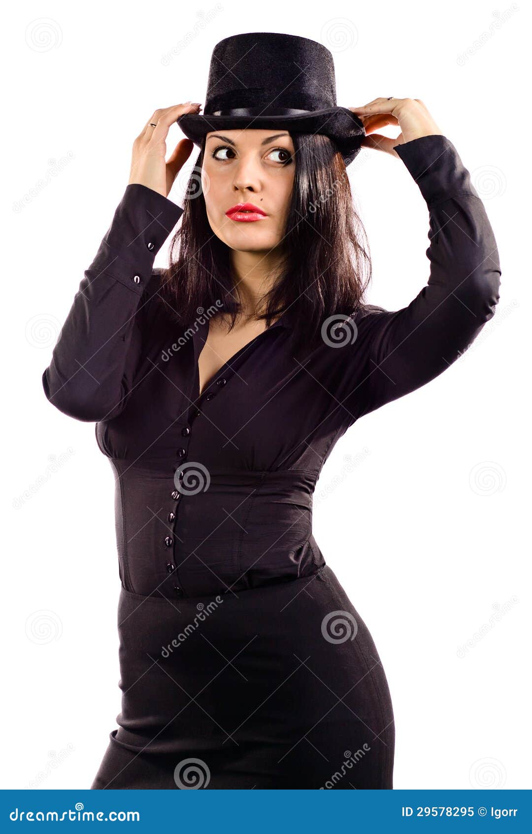 Young Beautiful Woman in Black Tophat Stock Image Image of looking