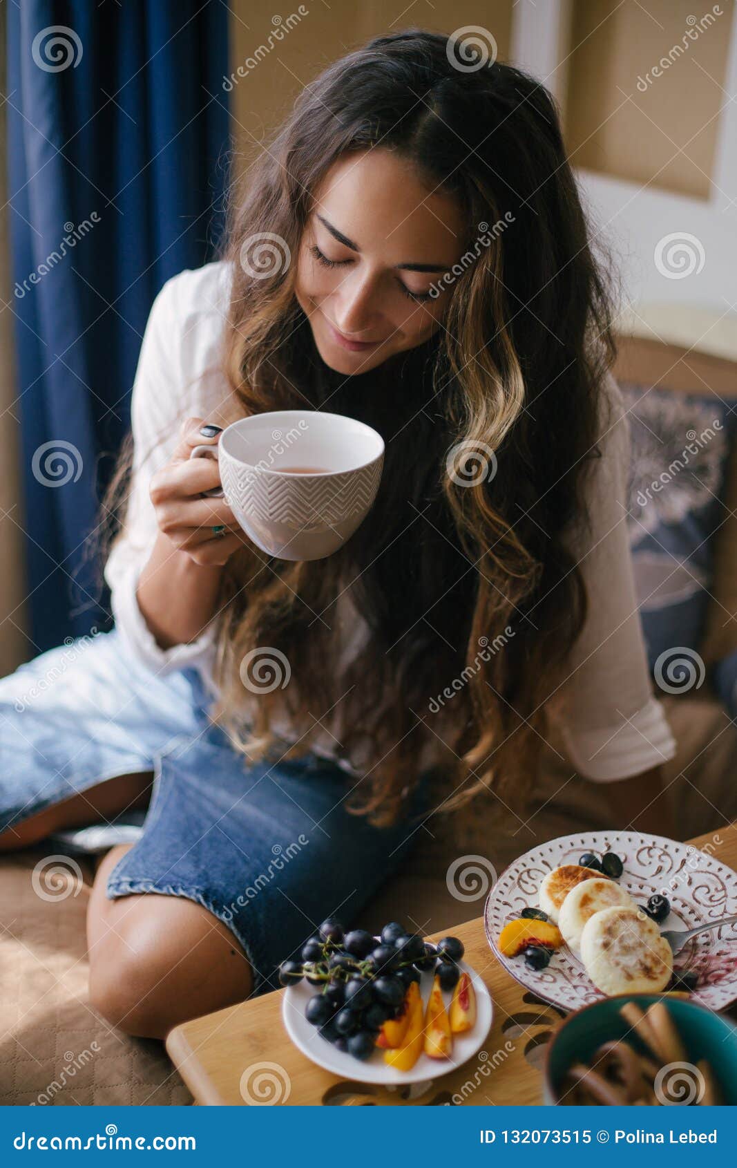 Young Beautiful Woman Enjoying Her Morning Tea Stock Image - Image of ...