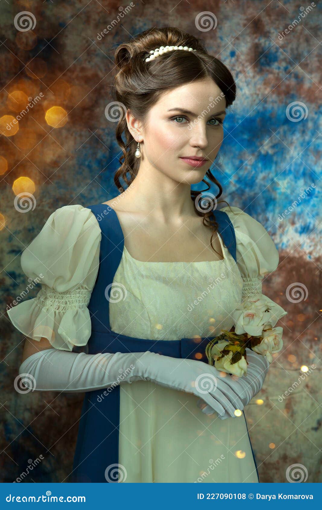 a young beautiful woman in a historical dress with flowers on a colorful blue background. book cover