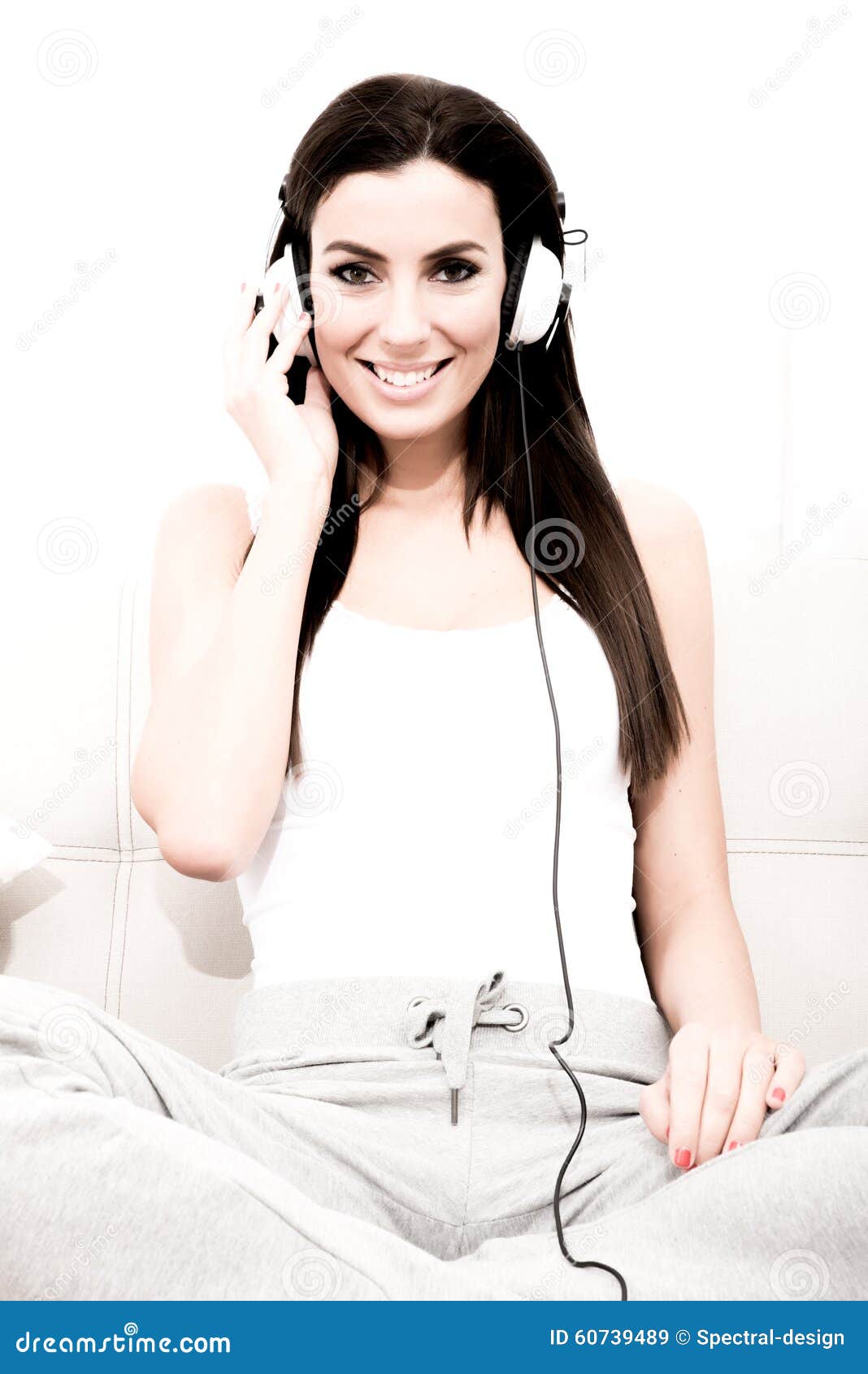 Young Beautiful Woman Listening To Audio Stock Image   Image Of