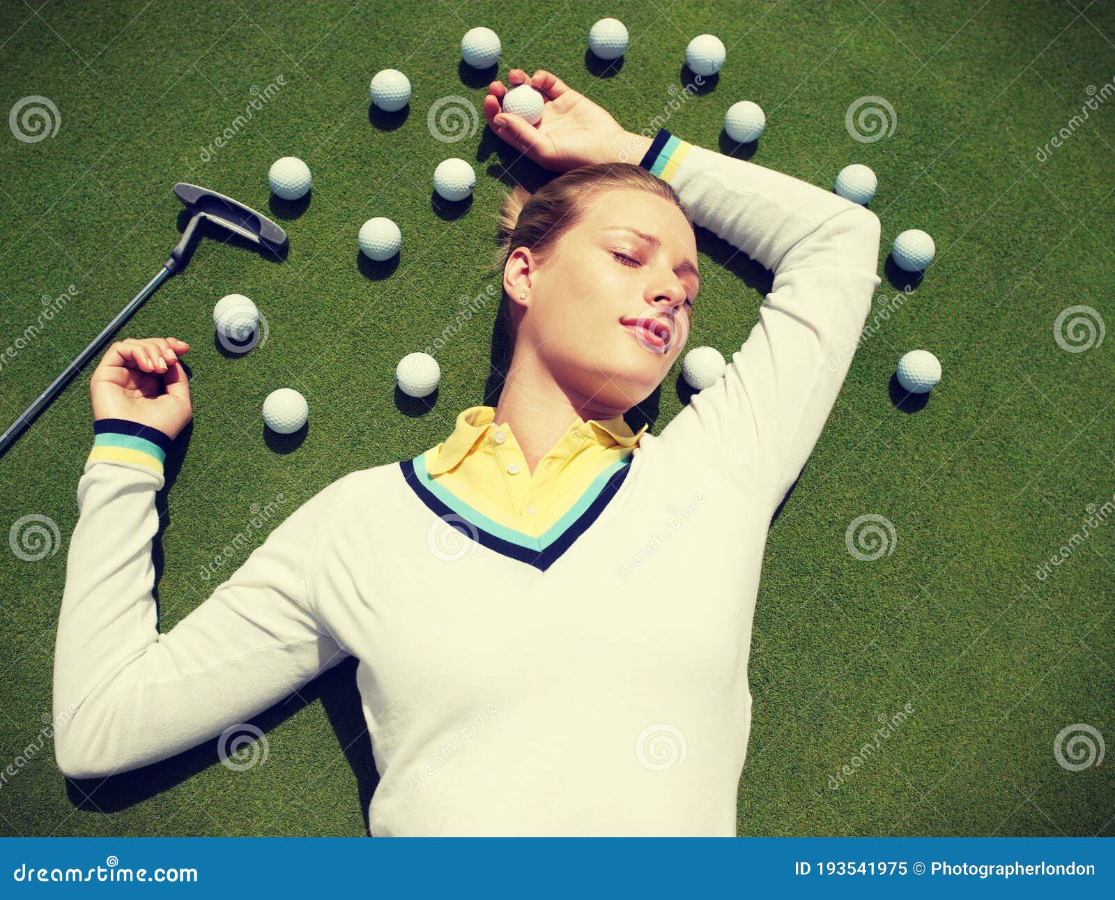 Young Beautiful Woman Lying on Fairway with Golf Balls Stock Image ...