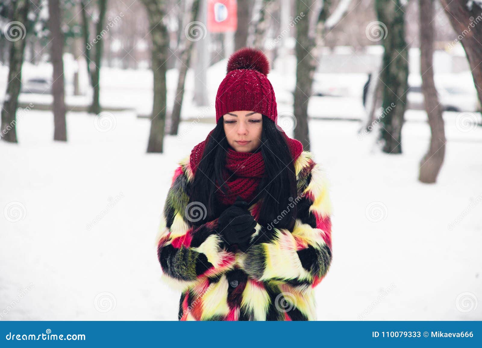 Young Woman in Multi-colored Fur Coat Stock Image - Image of cute ...