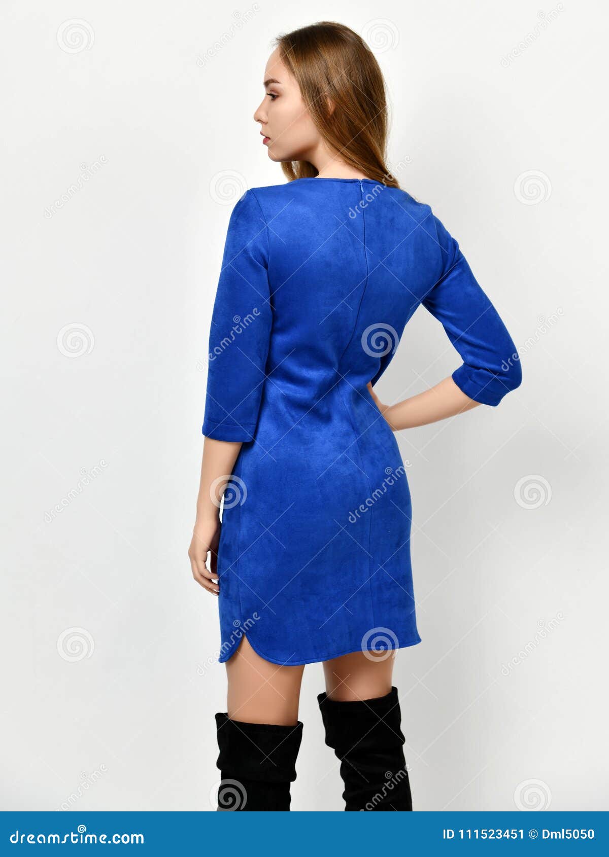 Young Beautiful Woman Posing in New Casual Blue Sweater Dress Stock ...