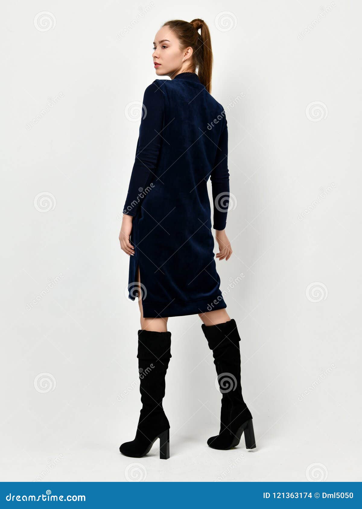 Young Beautiful Woman Posing in New Casual Winter Blue Dress Stock ...