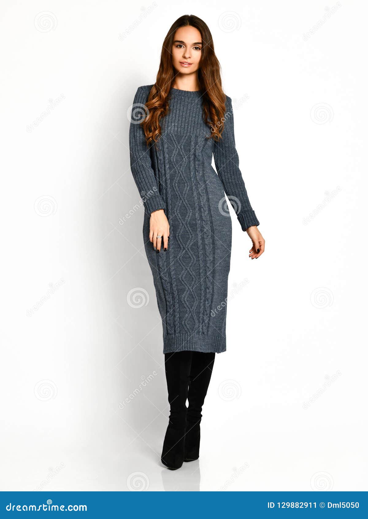 Young Beautiful Woman Posing in New Gray Fashion Winter Dress on High ...