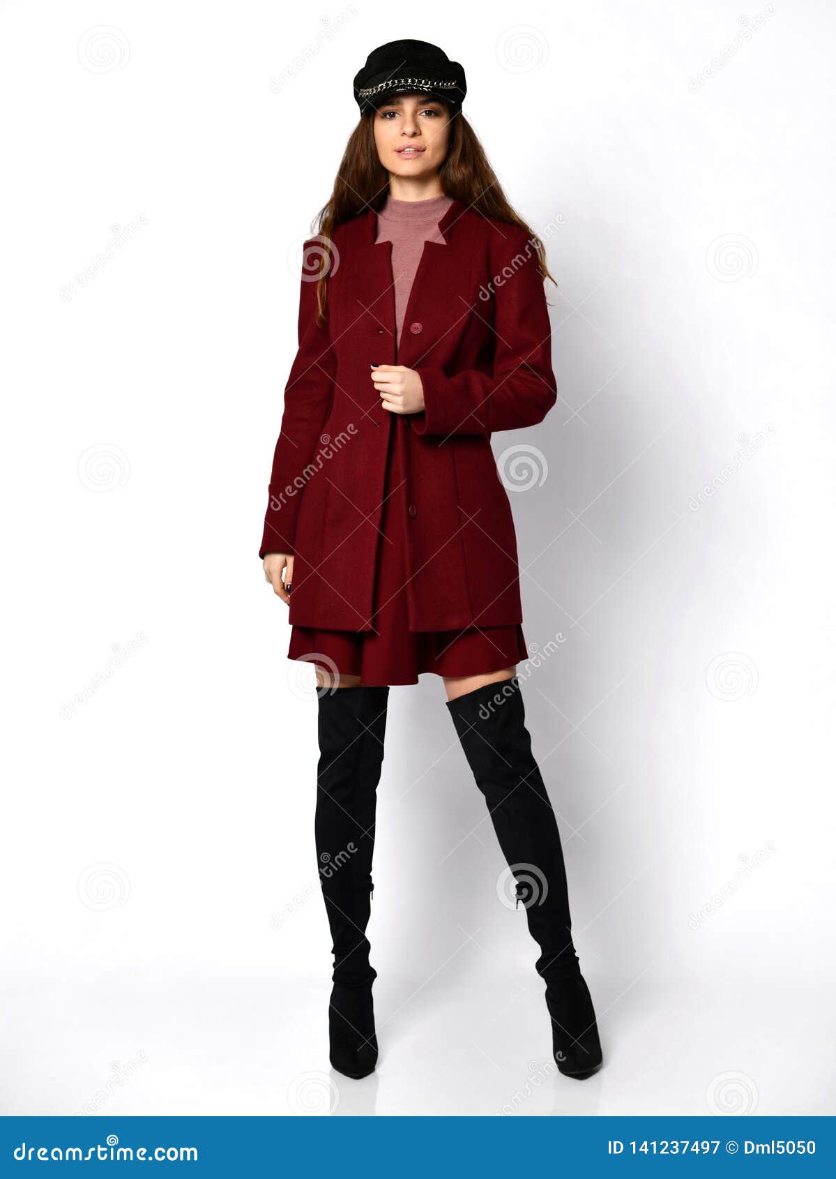 Young Beautiful Woman Posing in New Long Fashion Casual Dark Red Winter ...