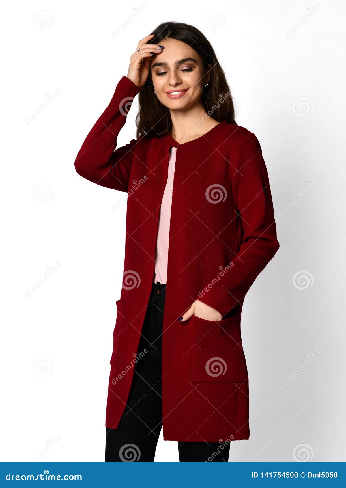 Young Beautiful Woman Posing In New Spring Fashion Casual Dark Red ...