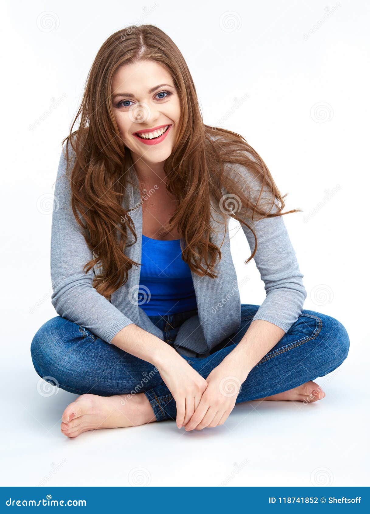 Young Beautiful Woman Posing on White Floor. Stock Photo - Image of ...