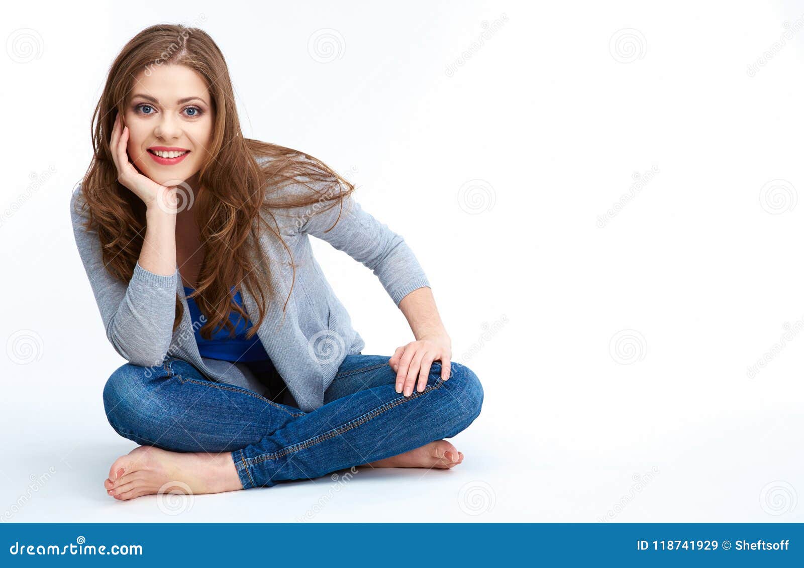 Young Beautiful Woman Posing on White Floor. Stock Image - Image of ...