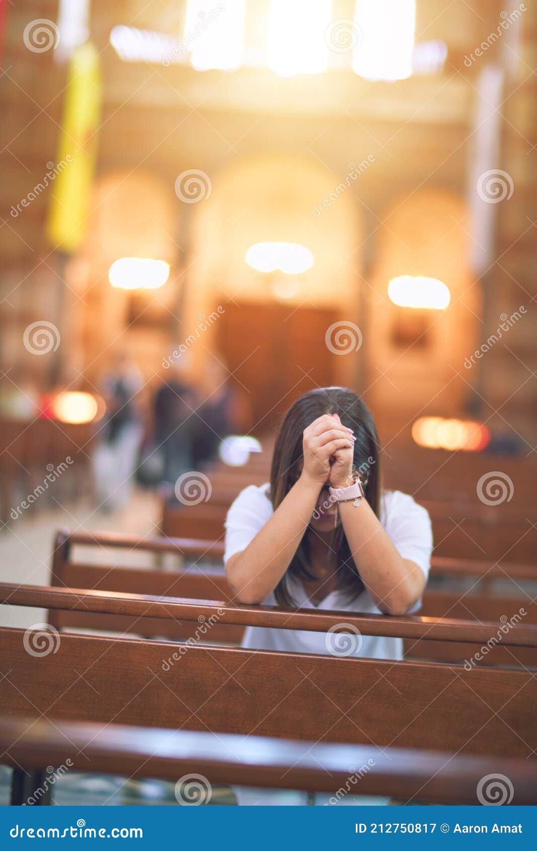 Young Beautiful Woman Praying On Her Knees In A Bench At Church Stock Image Image Of Christian