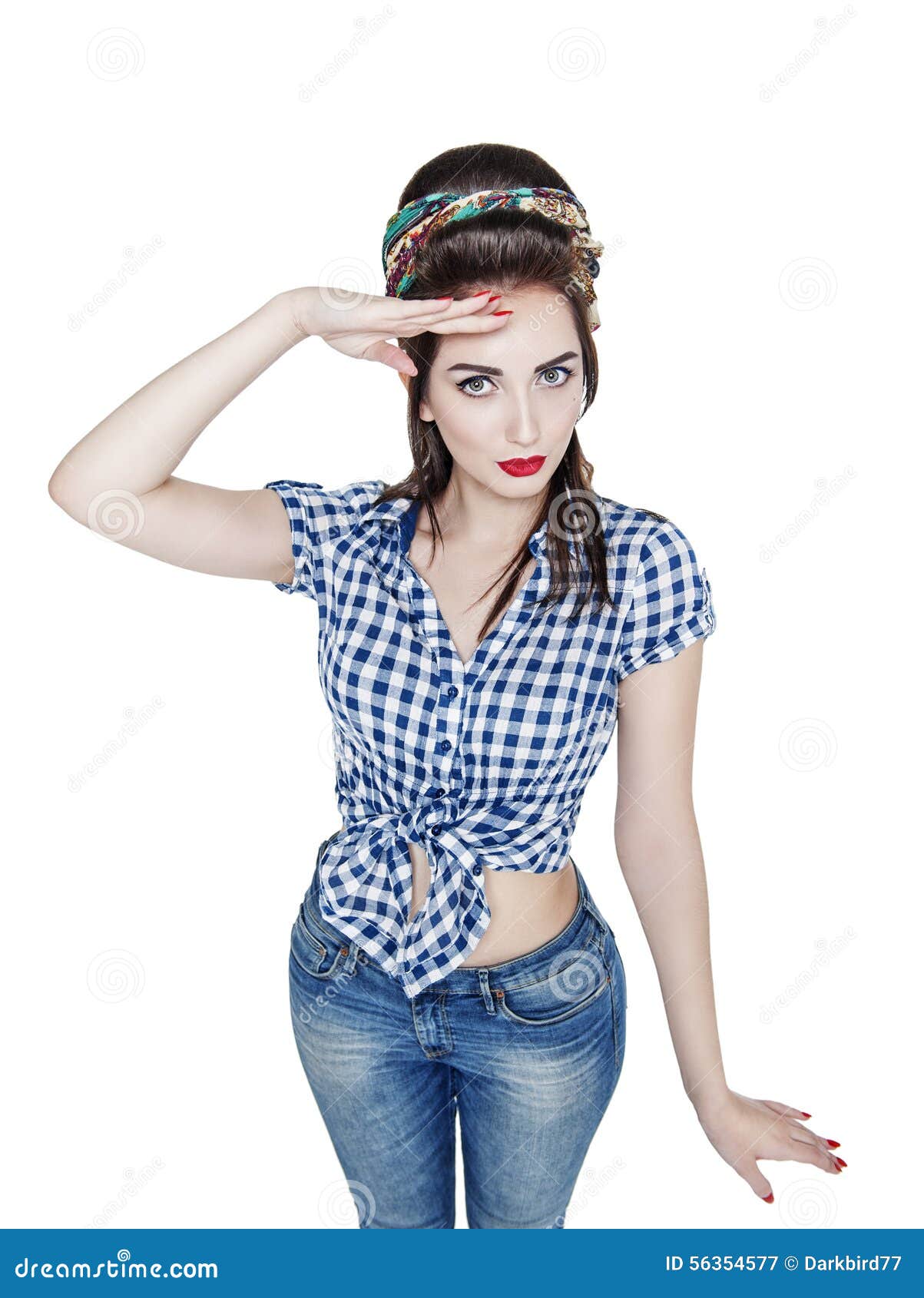 young beautiful woman in retro pin up style saluted 
