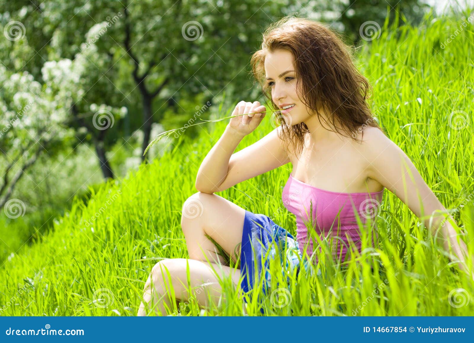 young beautiful woman reverie in grass