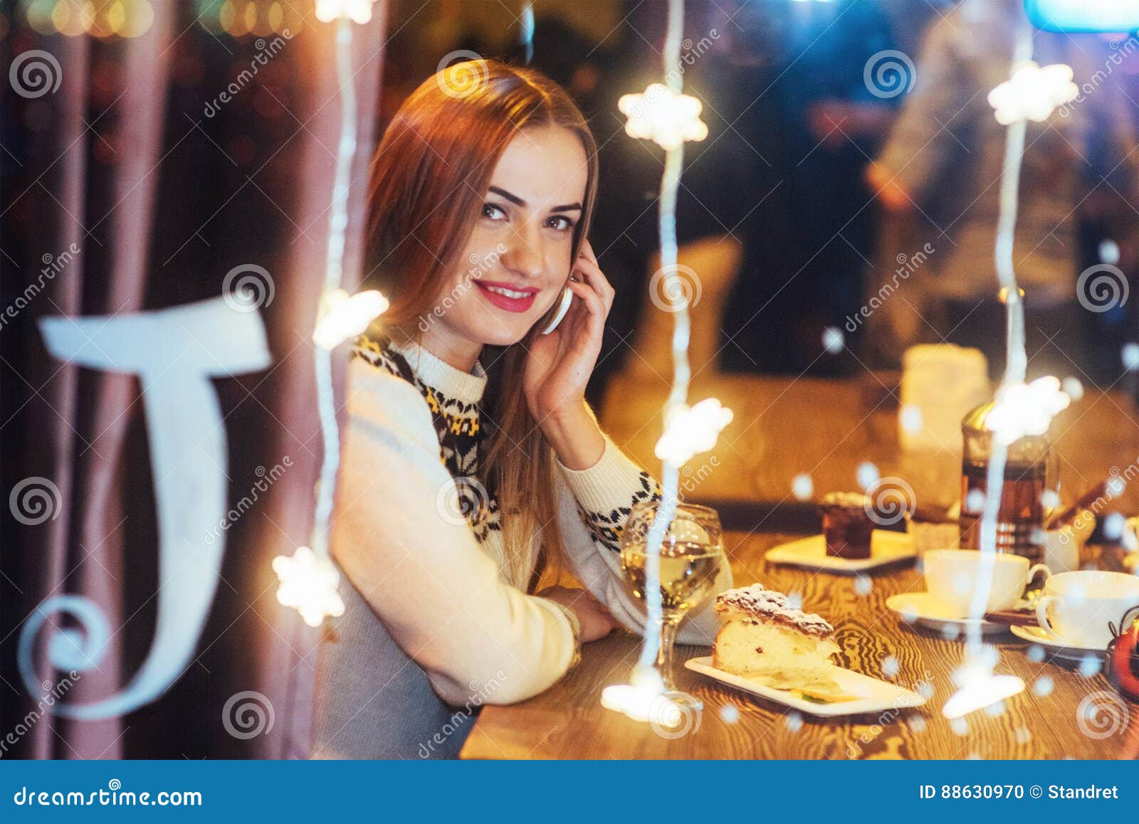 Young Beautiful Woman Sitting in Cafe, Drinking Wine. Christmas, New ...