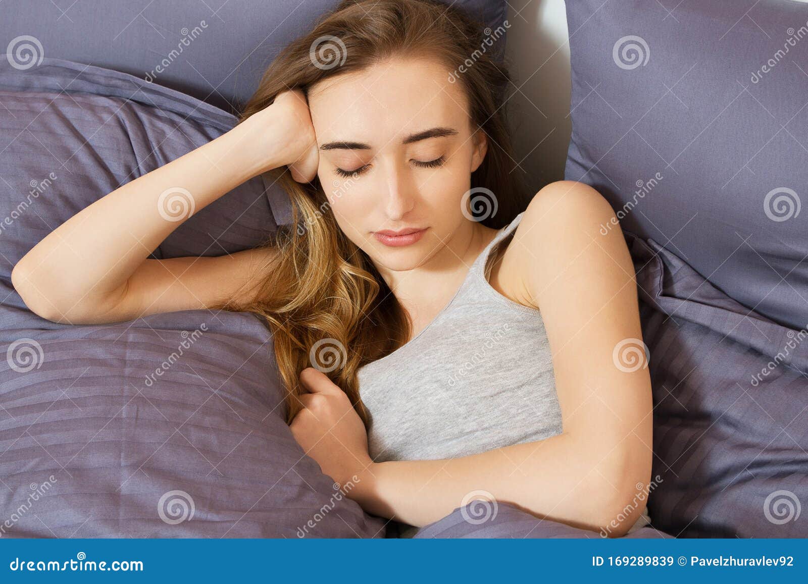 Young Beautiful Woman Sleeping on Bed in Bedroom Stock Image Image of