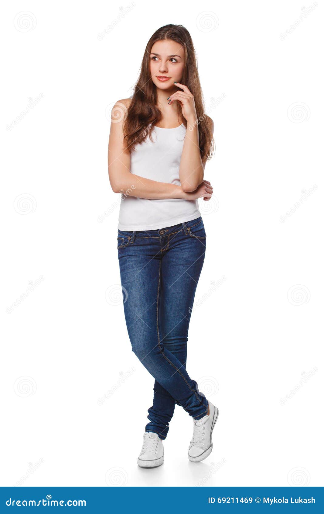 Young Beautiful Woman Thinking Looking To the Side at Blank Copy Space ...
