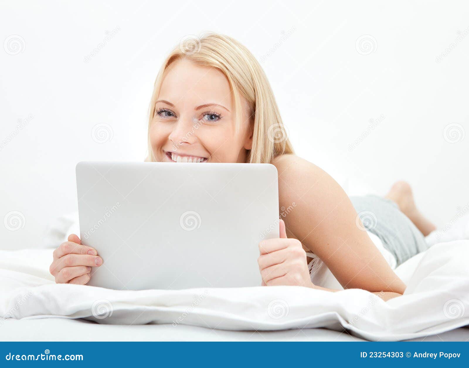 Young Beautiful Woman Using Laptop in Bed Stock Image - Image of female ...