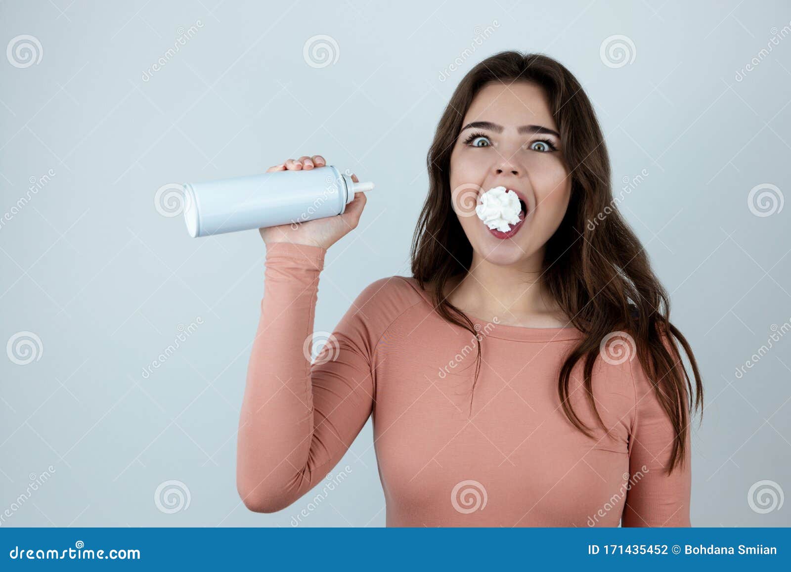 Young Beautiful Woman with Whipped Cream into Her Mouth on Isolated White  Background Stock Photo - Image of cute, fresh: 171435452