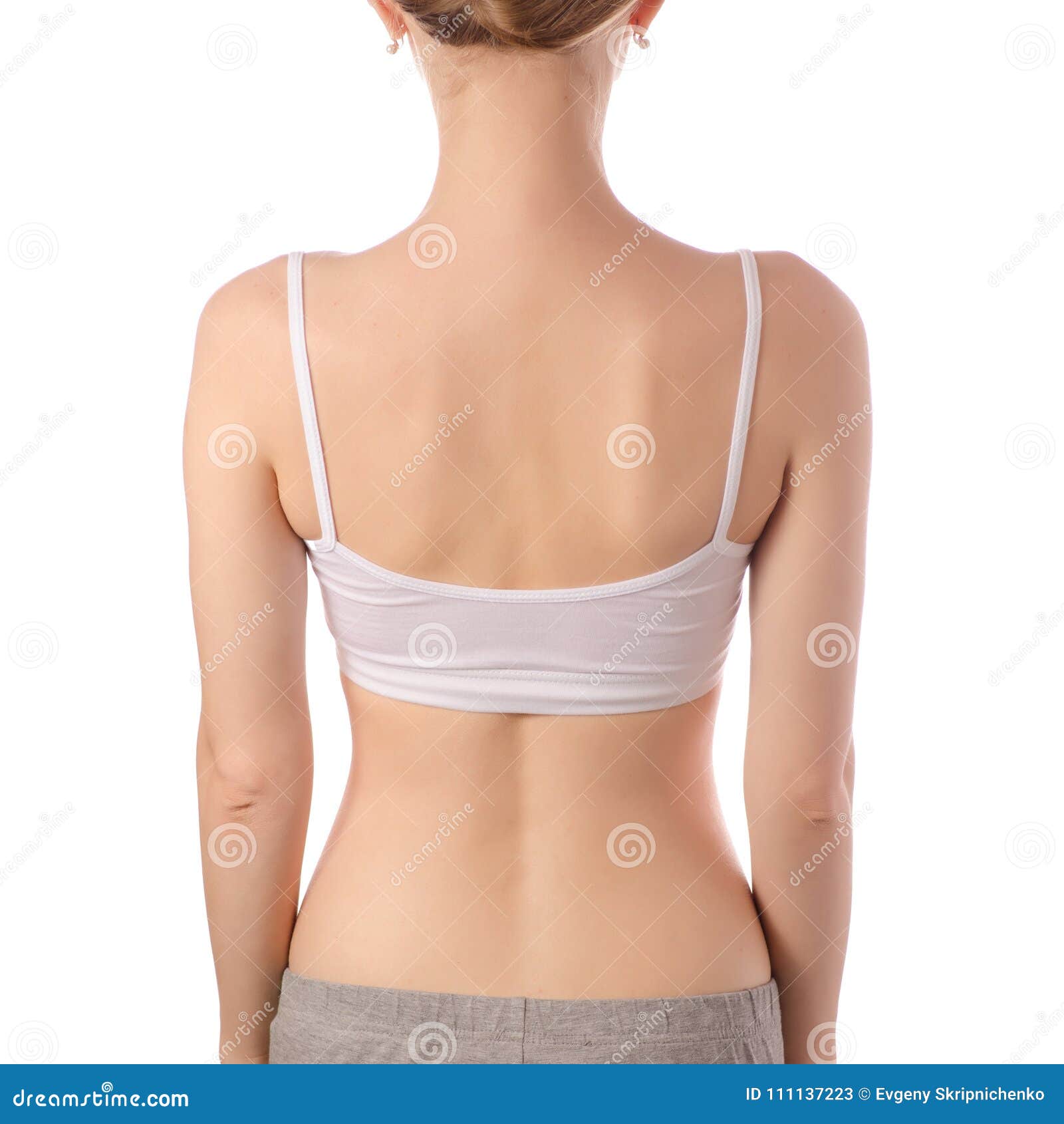 Young Beautiful Woman in White T-shirt Top Bra Female Back Health