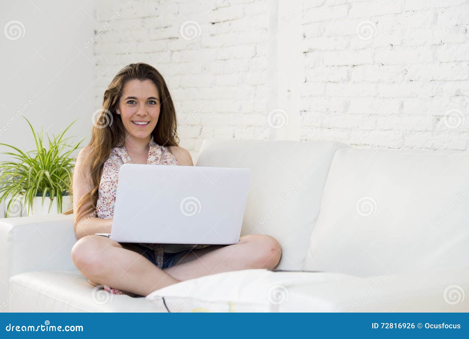Young Beautiful Woman Working with Laptop Computer Smiling Happy or ...