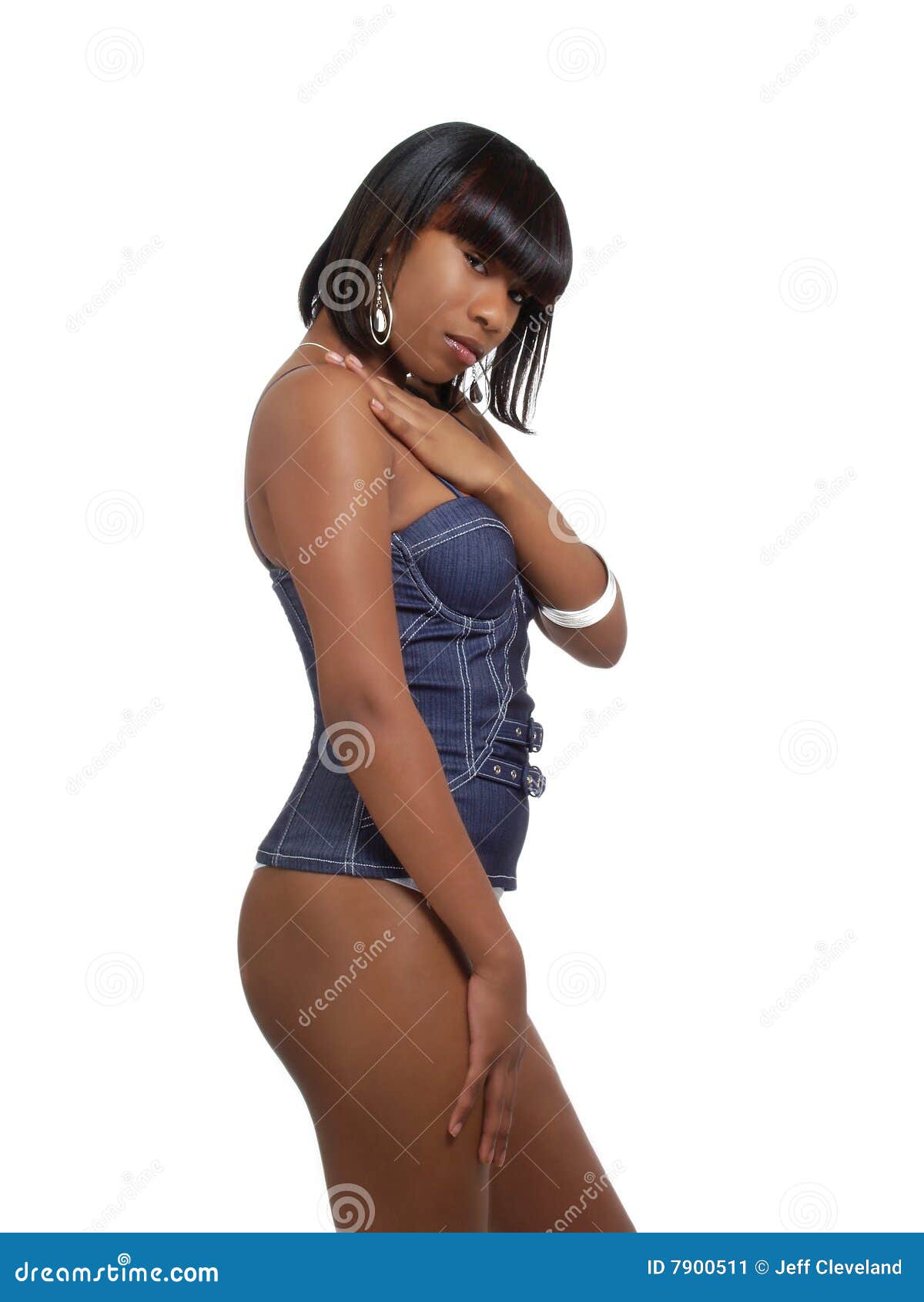 Young Black Woman in Blue Corset Side View Stock Image