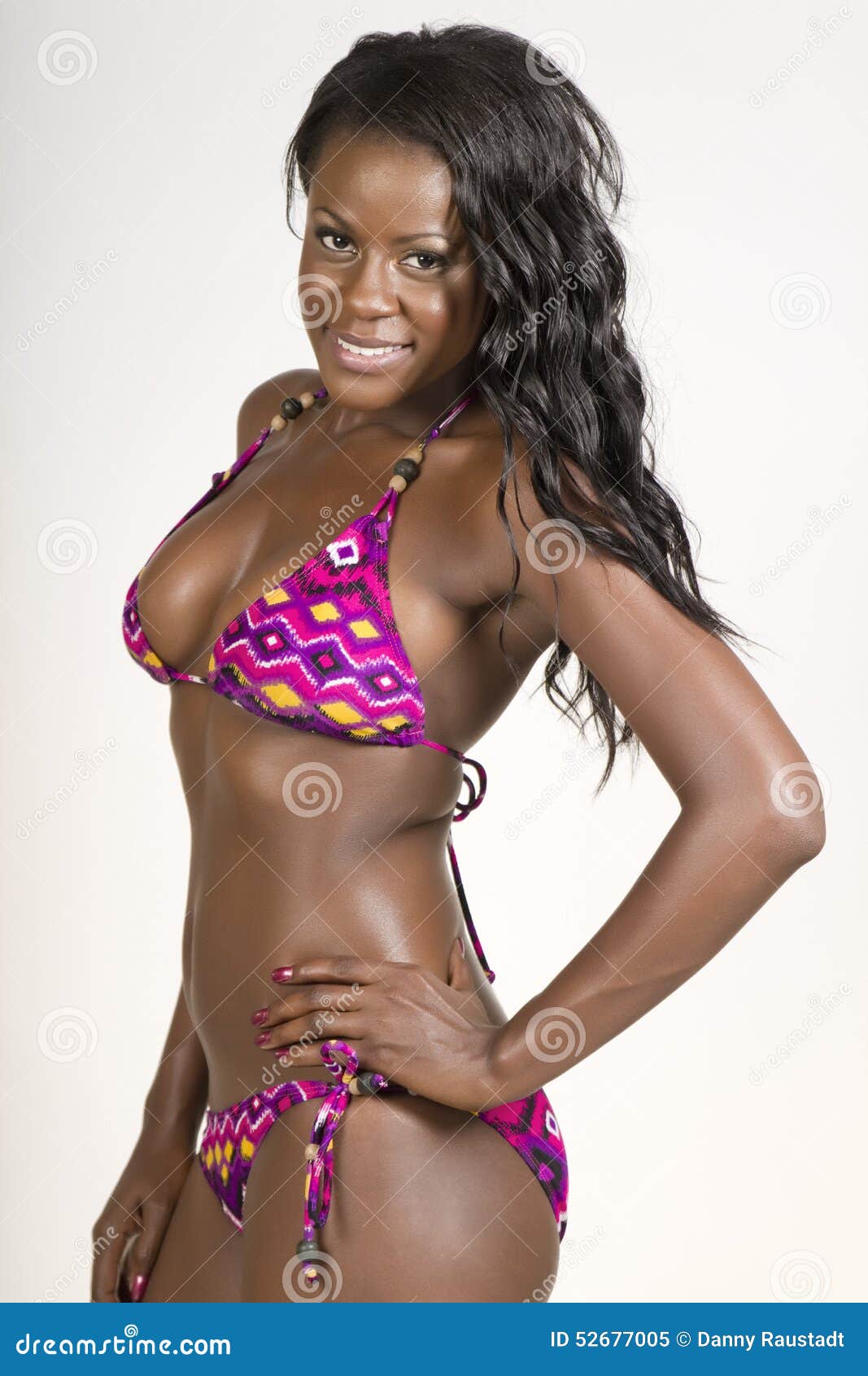 Young Black Woman in a Colorful Bikini Stock Image - Image of