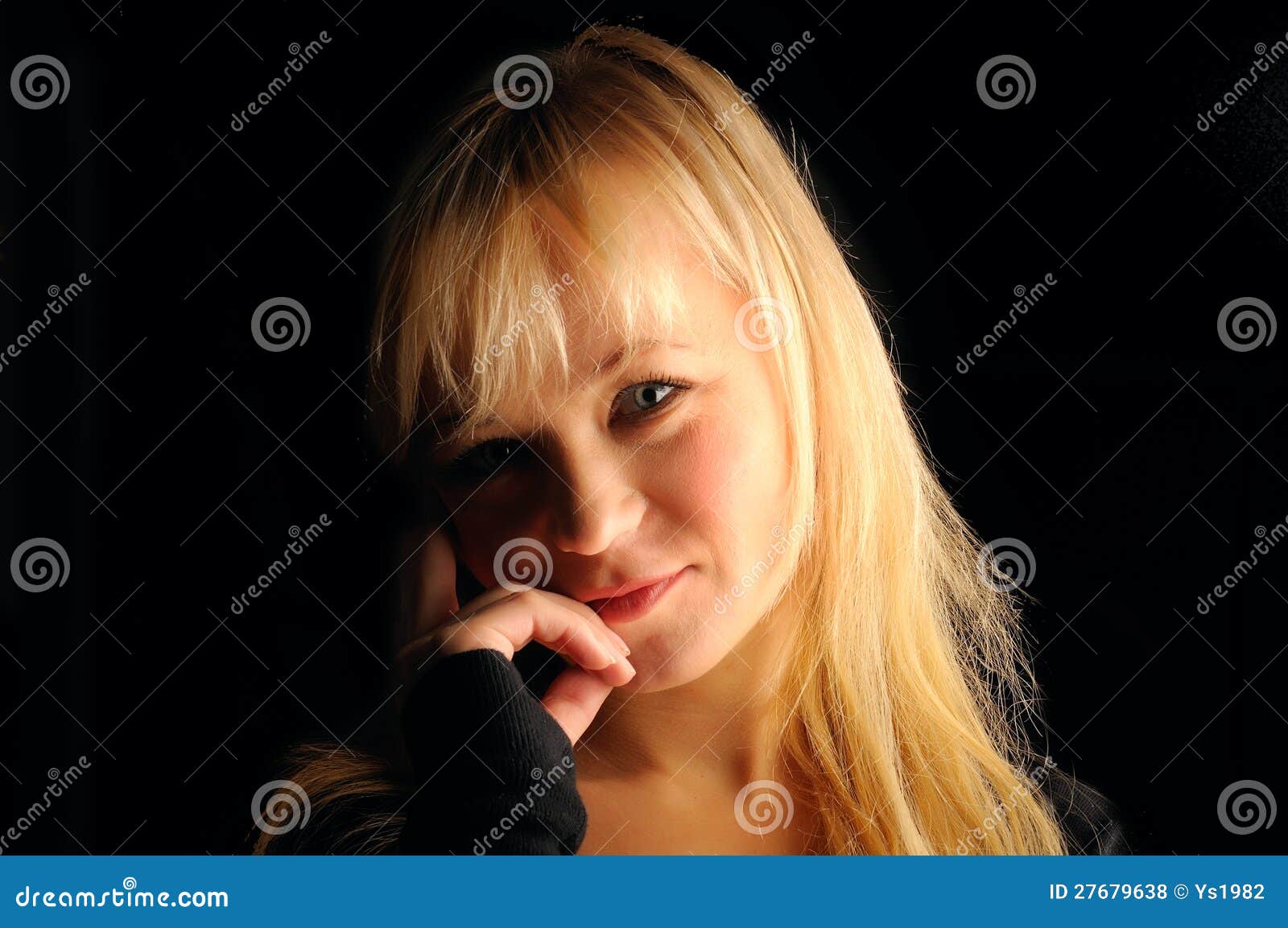 Young Blond Hair Woman Portrait on Dark Background Stock Photo - Image ...
