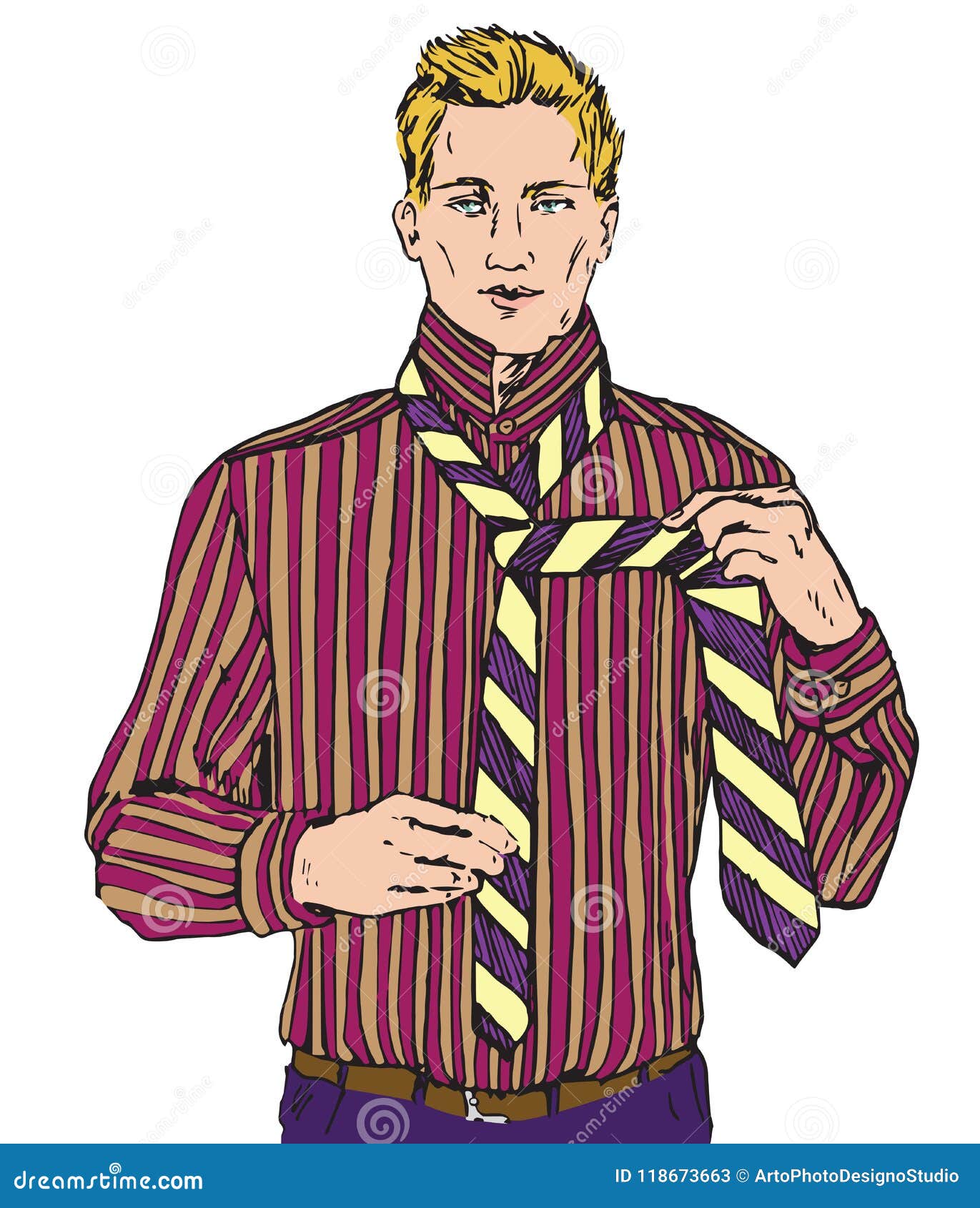 Young Blond Man In Red Striped Shirt Tie A Tie, Vector