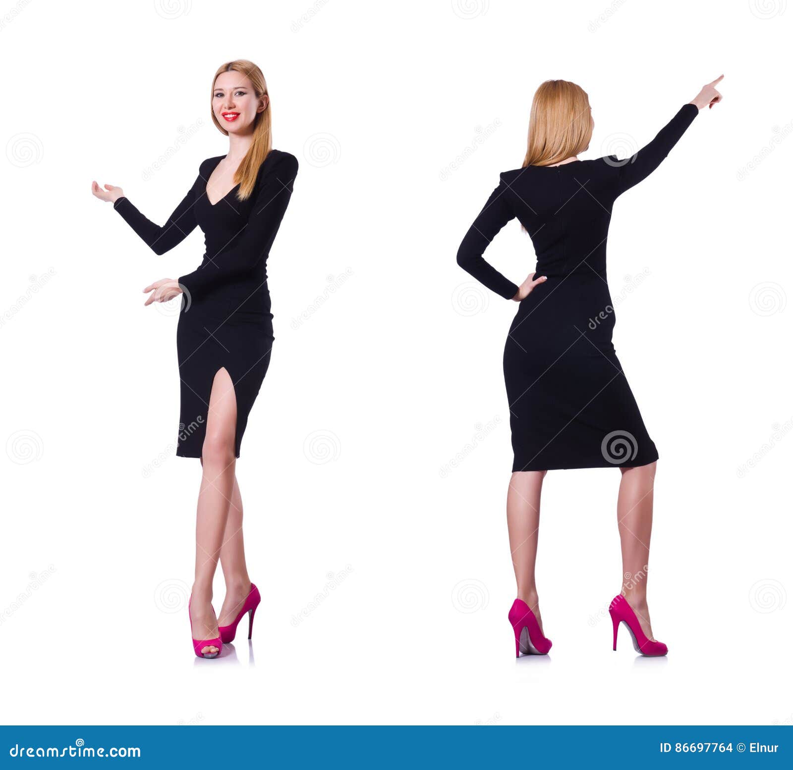 The Young Blonde Girl in Black Dress Showing Isolated on White Stock ...