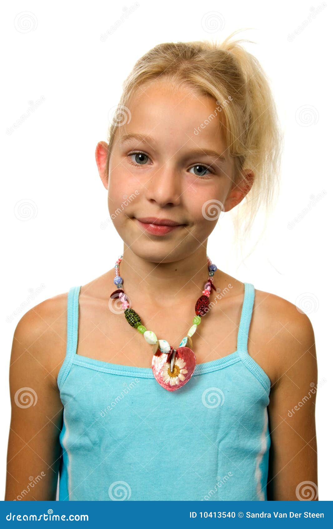 young blonde girl is looking in camera