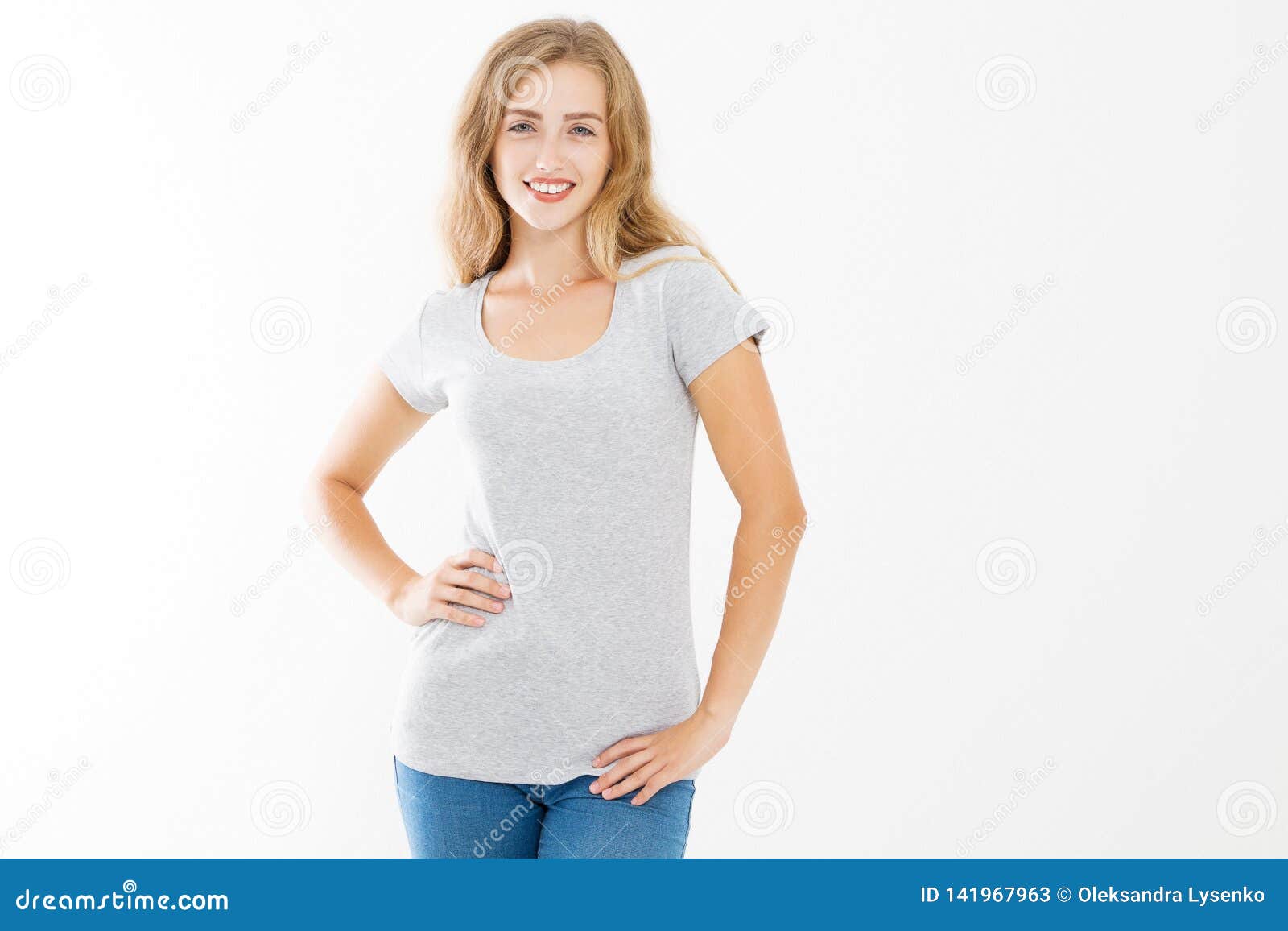 Young Blonde Woman with Fit Slim Body in Blank Template T Shirt and ...