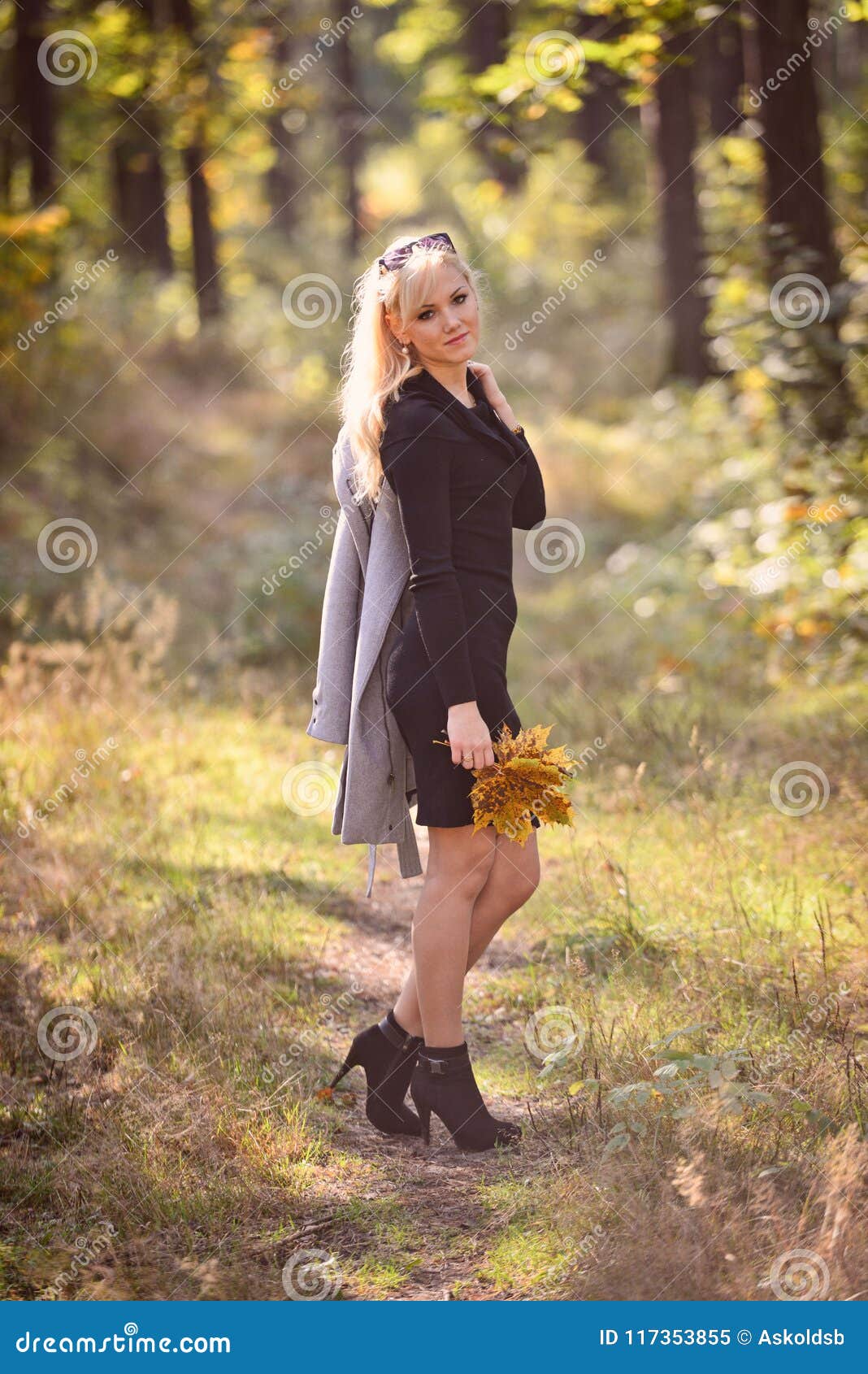 A Young, Blonde Woman Walking through the Forest on a Sunny Autumn Day ...