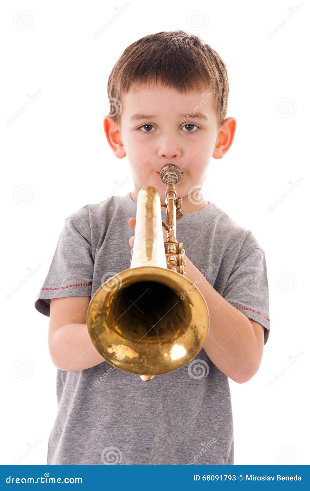Young Boy Blowing into a Trumpet Stock Image Image of expression