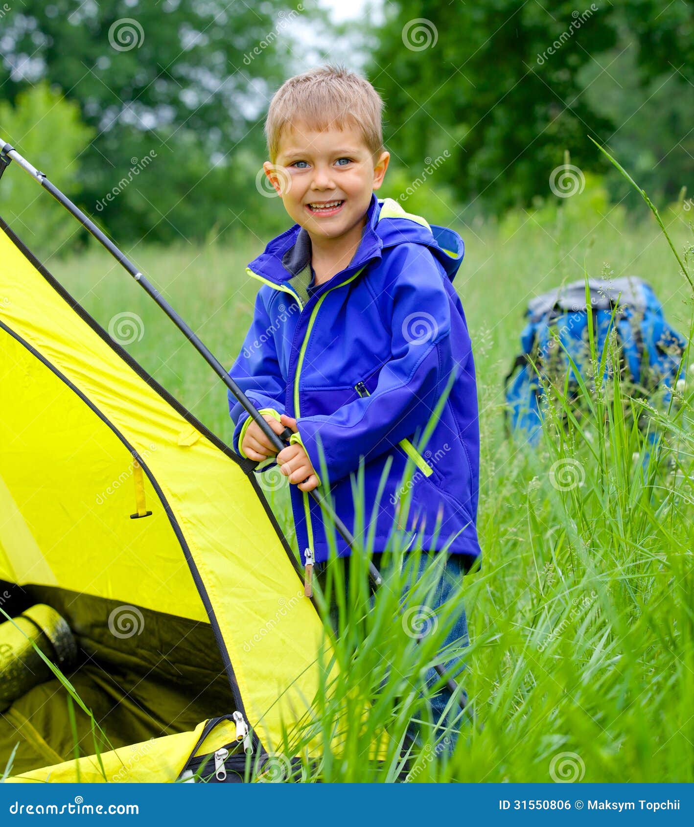 Young Boy Camping with Tent Stock Photo - Image of morning, happiness ...