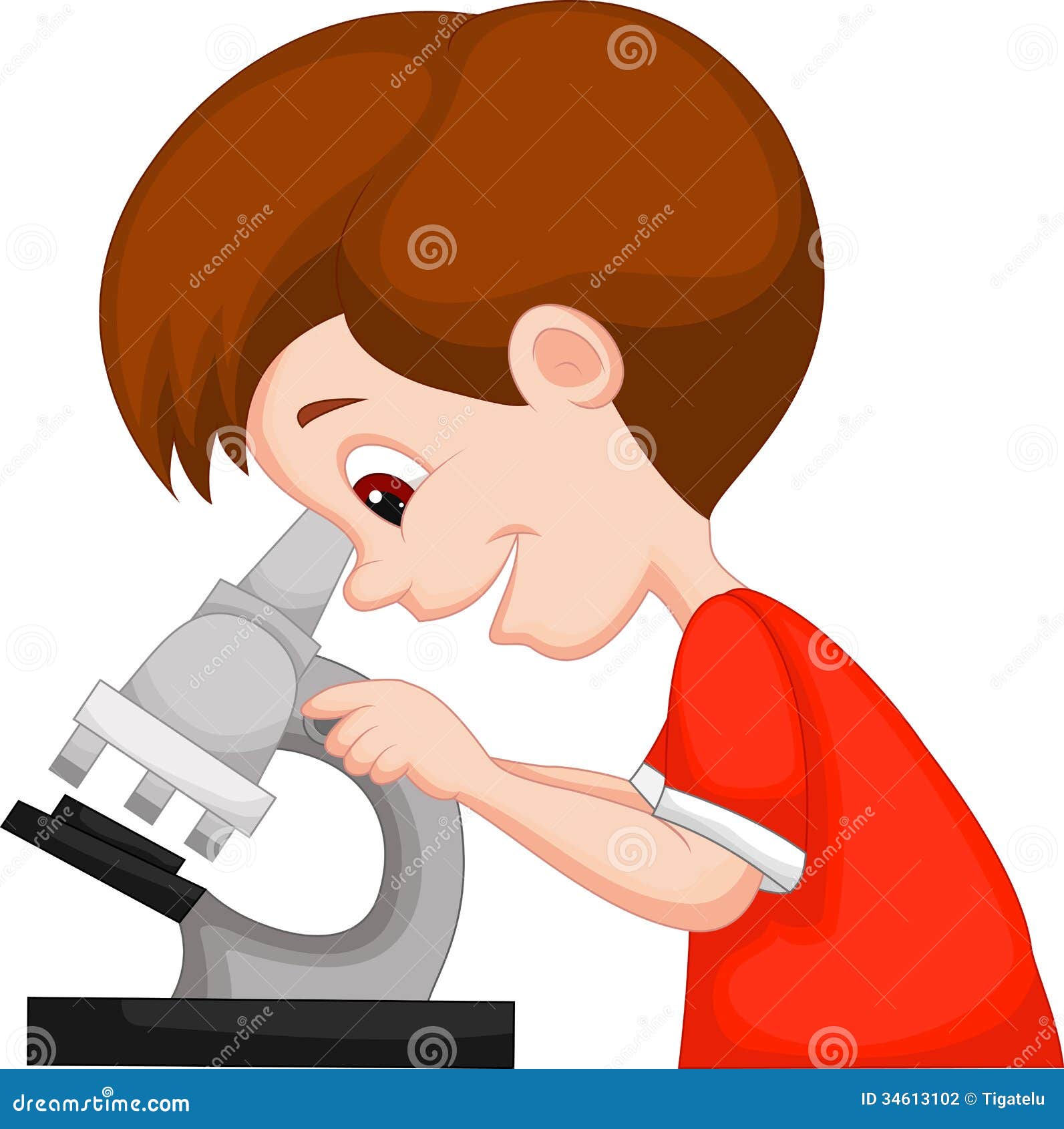 young boy cartoon using microscope