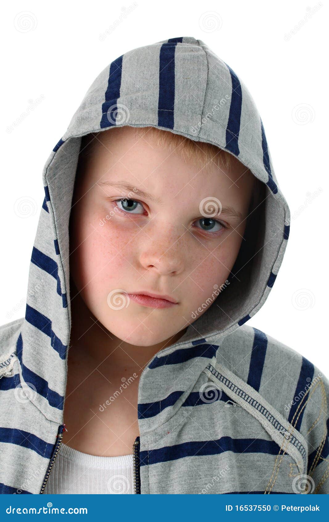 Young Boy in Gray Hood Portrait Isolated on White Stock Photo - Image ...